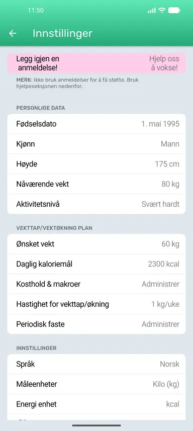 Knappen for periodisk faste på siden Innstillinger
